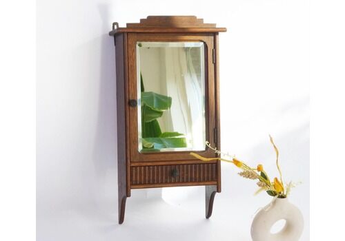 Antique Art Deco Wooden Wall Cabinet With Beveled Mirror, Medicine Apothecary With Drawer And Shelf, Small Chest, Farmhouse Decor