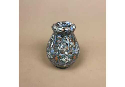 Jean Gerbino Vallauris Mosaic Ceramic Vase Blue Marbled Patterned 11cm Vintage French Decorative Art Deco Pot Small Display Ornament
