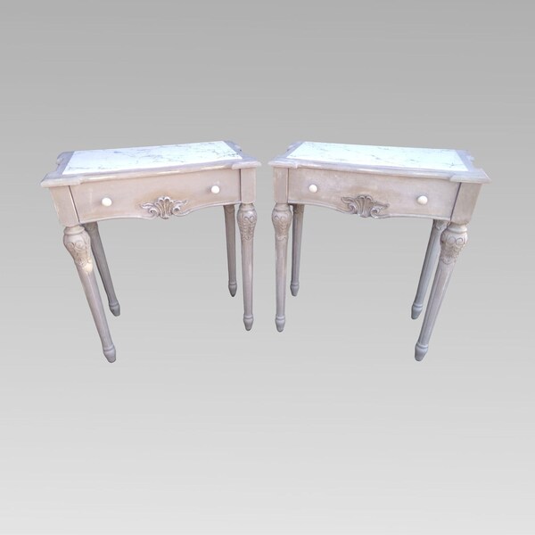 Original Quality Marble Inset Distressed Pair French Bedside Or Console ...