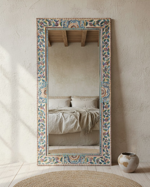 Hand Painted Mango Wood Full Length Mirror – Floral Patterned Frame ...