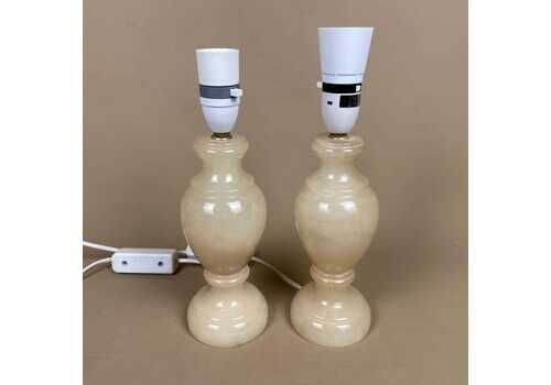 Pair Marble Table Lamps Cream Base Onyx Light Stone Small Vintage Italian Mid Century Style