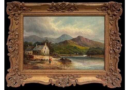 British School Victorian Signed Oil Painting Figure By Highland Cottage & Loch In Mountains