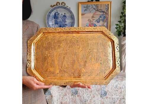 Large Antique Indian Brass Tray Finely Hand Engraved Court Scene Rectangular Shape L 22.5'' Could Be Hanged
