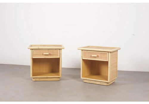 Pair Of 1970s Italian Bamboo & Rattan Bedside Tables /  Nightstands
