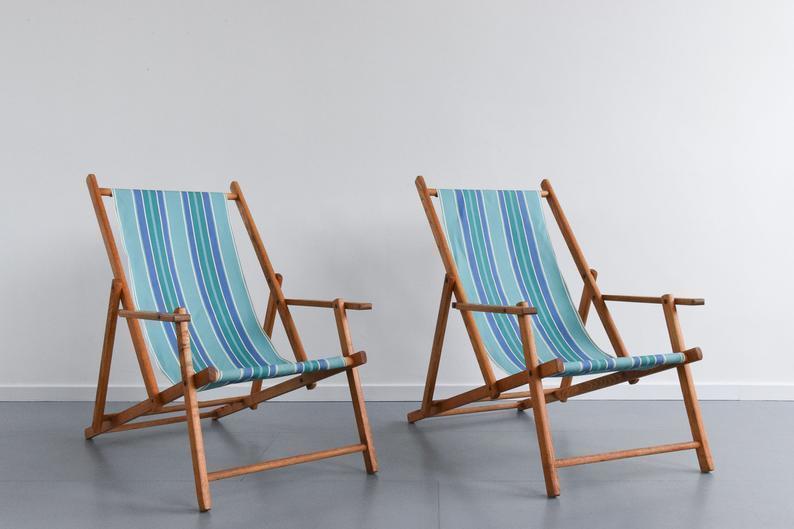 Vintage Pair Of Wooden Framed Deck Chairs With Original Green And