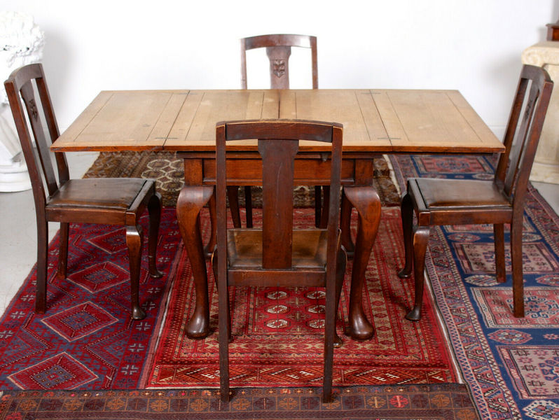 Antique Vintage Oak Dining Table And 4 Chairs Arts Crafts Folding Extending