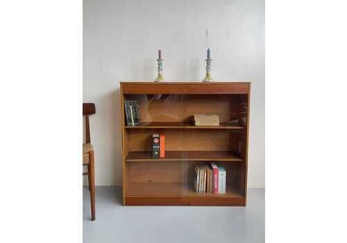 Mid Century Slim Vintage Paperback Bookcase Cabinet Glass Sliding Doors