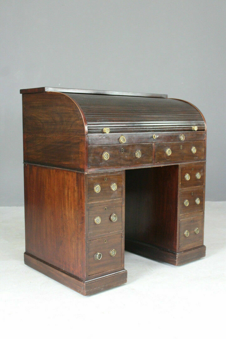Antique George Iii Georgian Mahogany Small Tambour Roll Top Writing Desk
