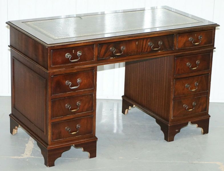 Mahogany Green Leather Partner Desk With Sliding Keyboard Shelf Desk With Sliding Keyboard Shelf
