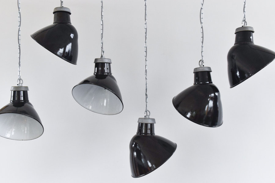 Vintage Black Industrial Asymmetric Enamel Pendant Light Shade And Fitting