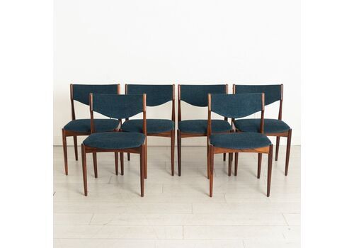 Set Of 6 Danish Midcentury Rosewood Dining Chairs With Blue Fabric Upholstery C.1960s