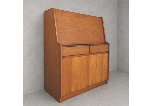 Mid Century Remploy Teak Bureau Desk Compact Drop Front Writing Bureau Cabinet