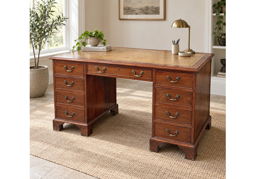 Antique Mahogany Pedestal Desk Leather Top 9 Drawer Kneehole