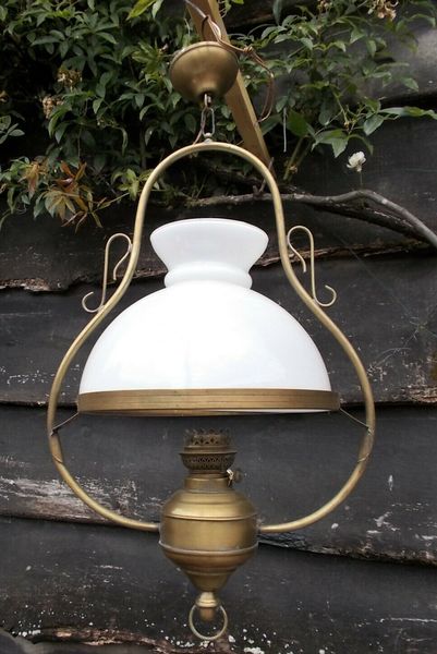 Vintage Brass Glass French Hanging Oil Lamp Style Electric Light Vintage Brass Glass French Hanging Oil Lamp Style Electric Light Vinterior