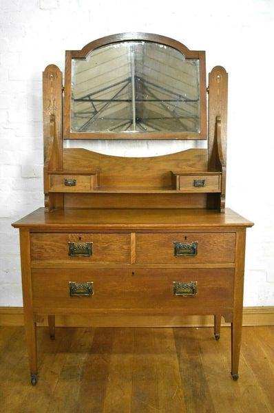Antique Oak Art Nouveau Dressing Table Chest Of Drawers Vanity