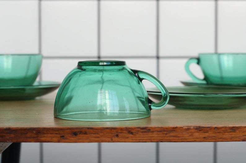 Vintage French Arcoroc Green Glass Cups And Saucers Vinterior