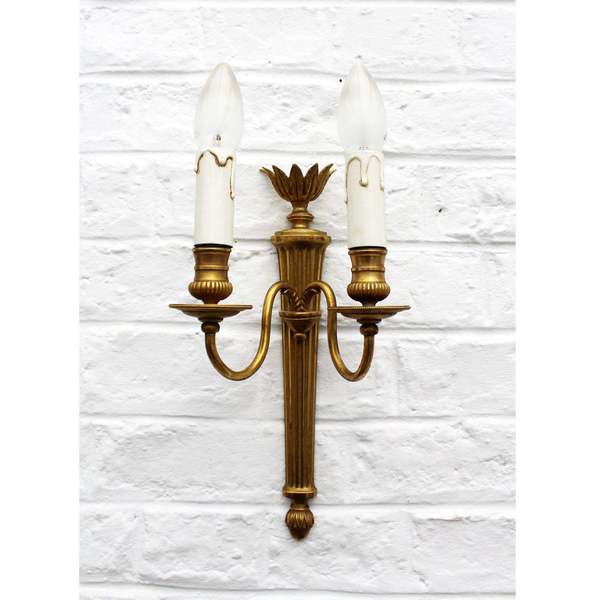 Vintage Brass Flame Wall Sconce Electric Light Fittings French Cast Shaped Double Holder Baroque Rococo