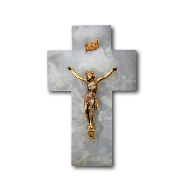 French Antique Onyx Plaque Crucifix Green Wall Cross And Gold Patina Christ