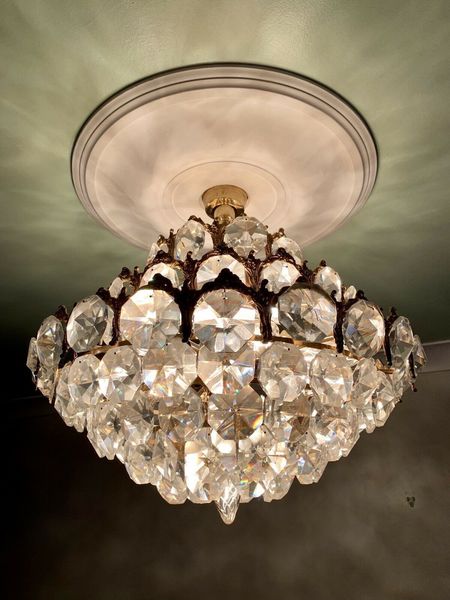 Vintage Gilt Metal Crystal Chandelier Rare Unusual Octagonal Light Lighting Vintage Gilt Metal Crystal Chandelier Rare Unusual Octagonal Light Lighting