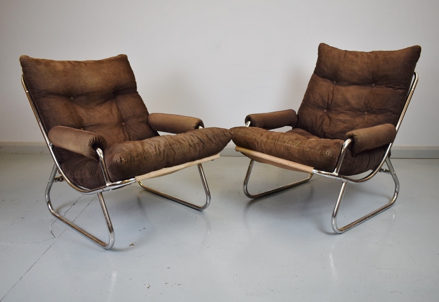 (1 Of 2) Mid Century Retro Danish Brown Corduroy & Chrome Lounge Arm