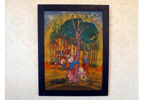 Colourful Malaysian Batik Painting Of Rubber Plantation On Silk Canvas