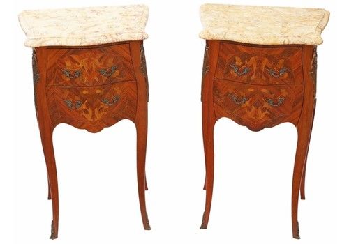 Pair Of French Inlaid Marquetry Marble Bedside Tables