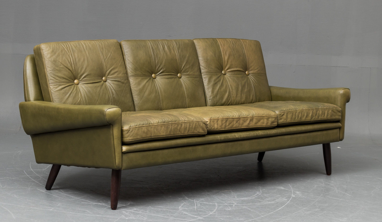 Vintage Mid Century Danish Olive Green Leather Skipper Sofa 1960s