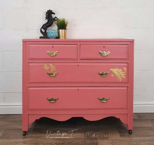Coral And Gold Chest Of Drawers Hand Painted Furniture Upcycled