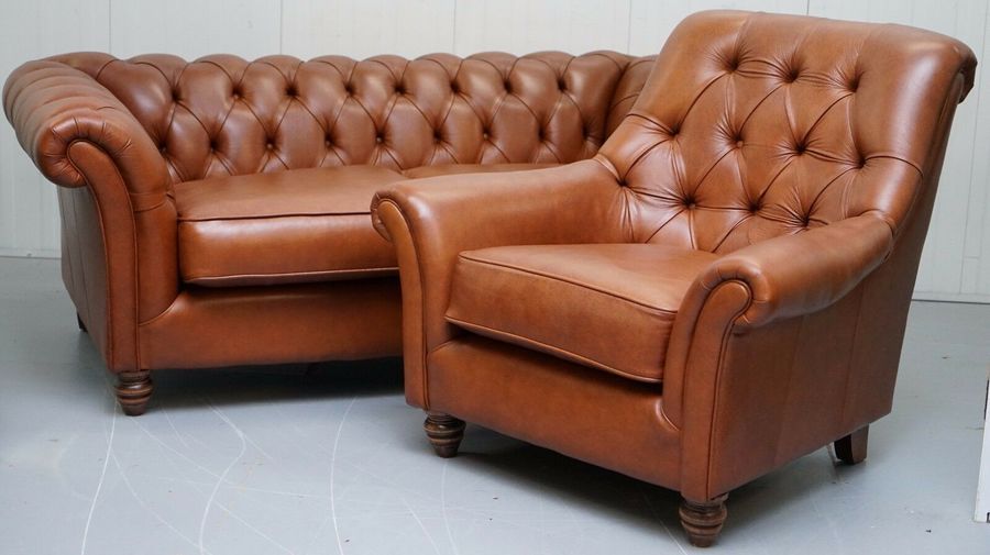 Brand New Thomas Lloyd Rrp 2528 Chesterfield Brown Leather Sofa Club Armchair