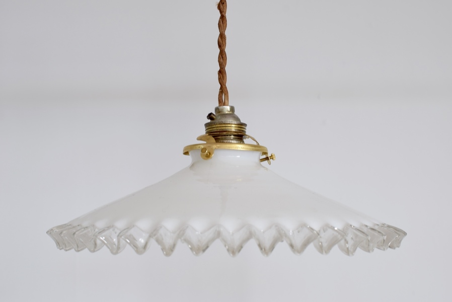 French Mid Century Vintage White & Clear Glass Opaque Frill Pendant