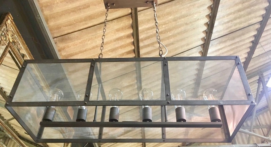 Large Industrial Iron Framed Rectangular Ceiling Light Vinterior