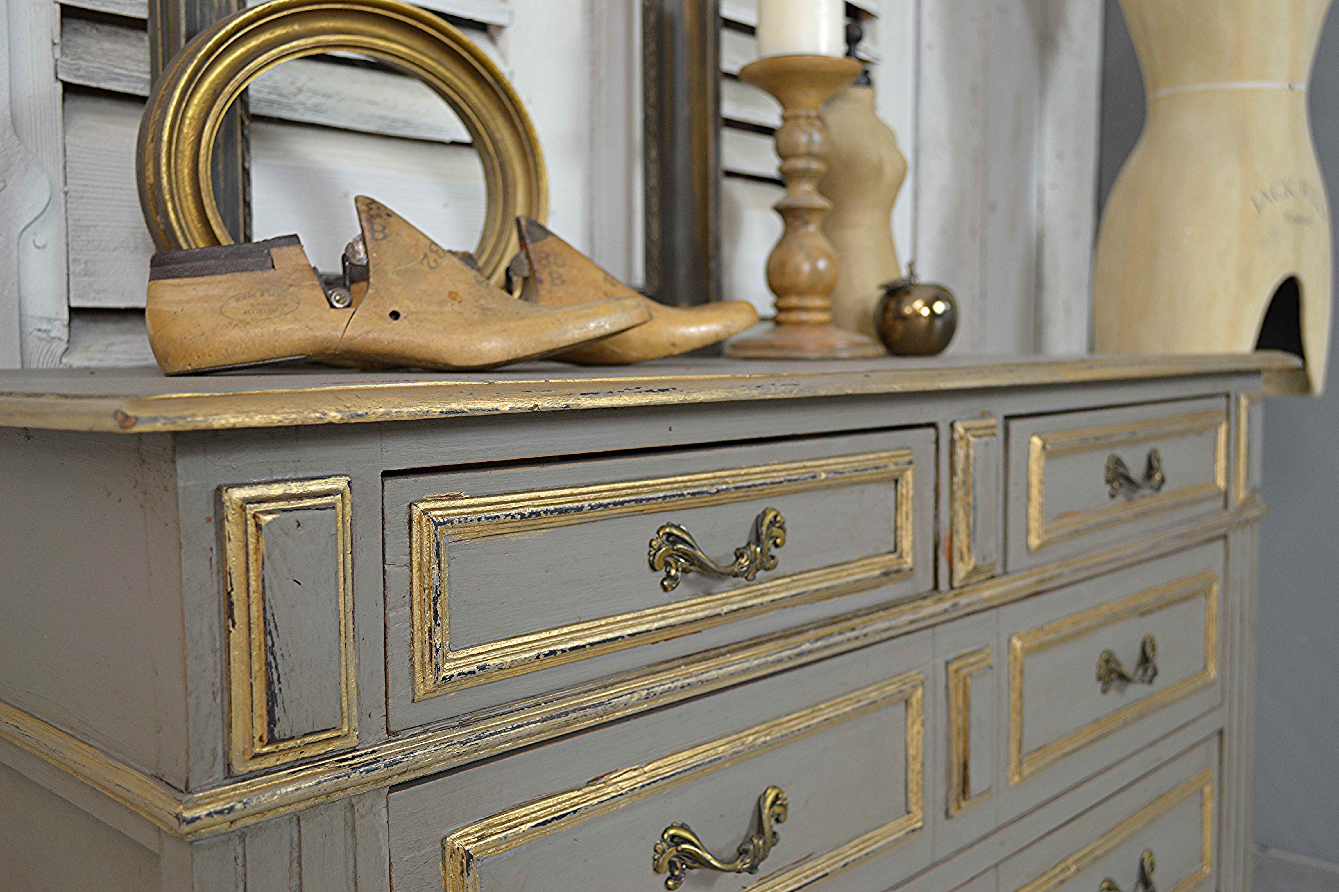 5 Drawer Grey Gold French Shabby Chic Chest Of Drawers Vinterior