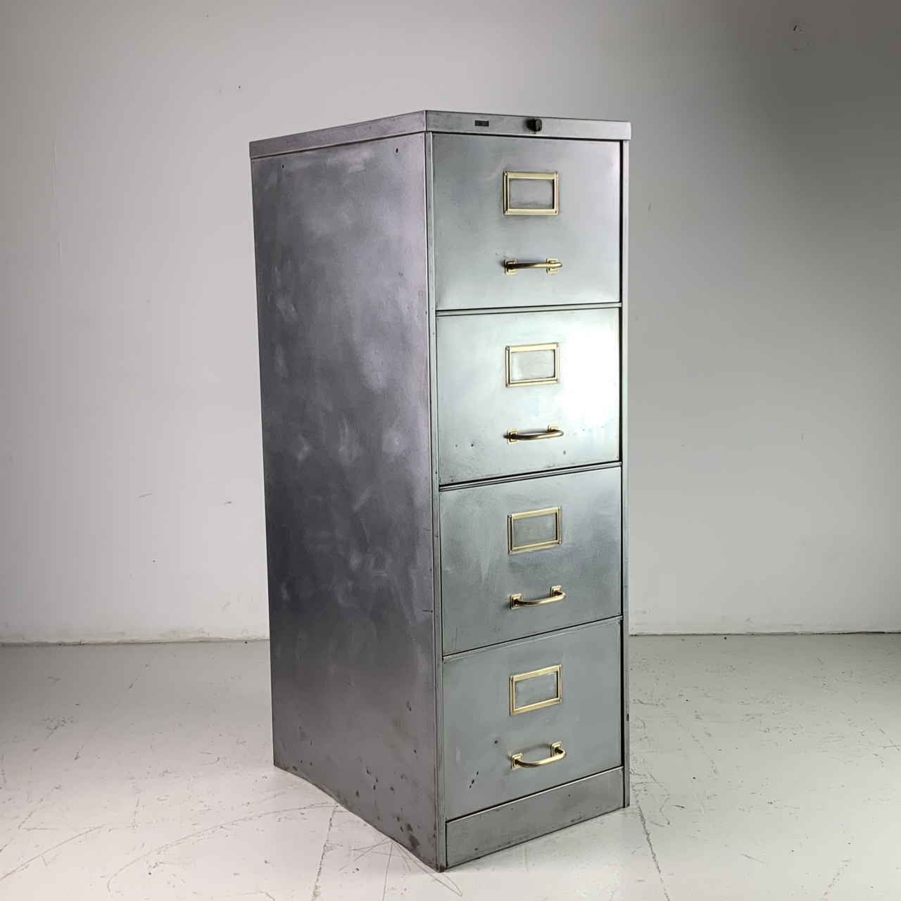 Vintage Polished Steel 4 Drawer Filing Cabinet With Brass Handles Vinterior