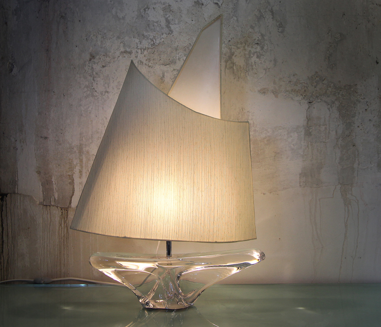 Daum France, Crystal Sail Boat Table Daum Crystal Table Lamp French, 1970s