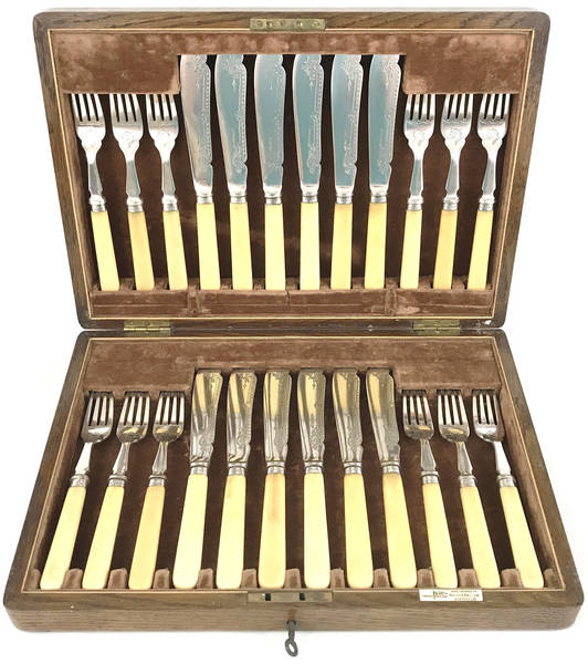 Antique Canteen Of Cutlery, Oak Wooden Box, Knives And Forks, Silver