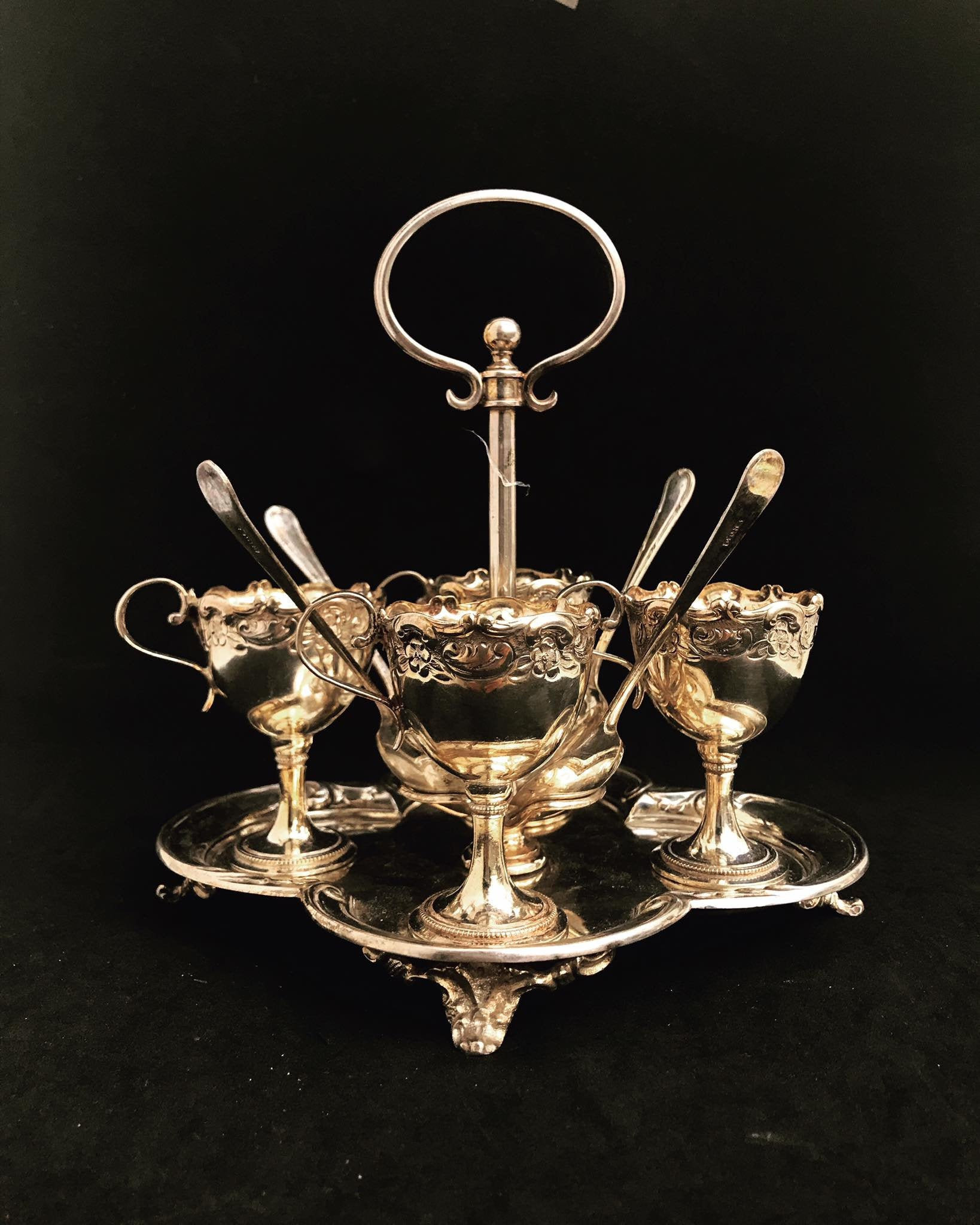 Antique Egg Holder Set Breakfast Chic Cottage England Silver Plated 4