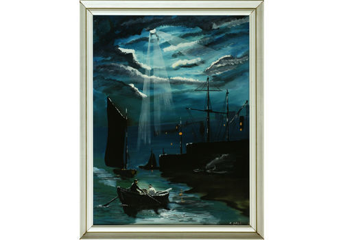 Oil On Board Signed E. Hall. Returning To Ship By Moonlight
