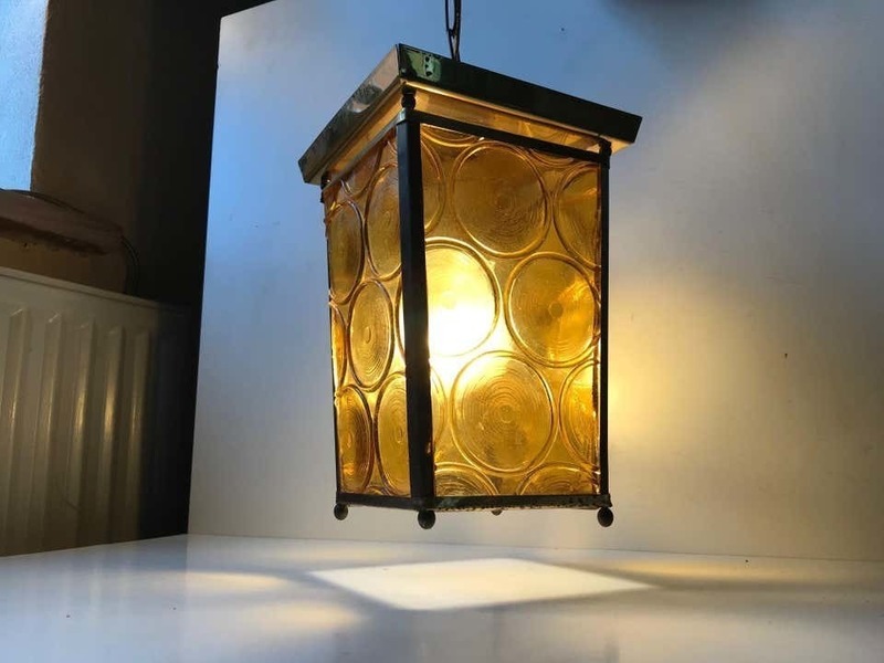 Danish Brass And Yellow Glass Funkis Ceiling Light Or Flush Mount photo for sale