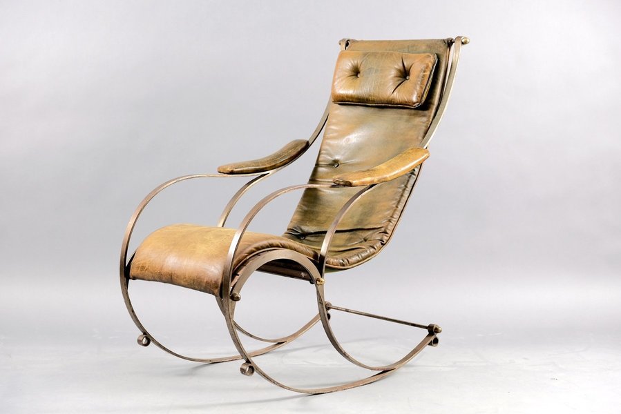 Antique Leather And Metal Rocking Chair By Peter, Cooper For R.W