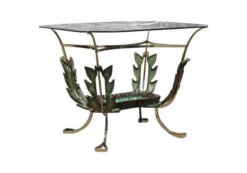 Midcentury Italian Coffee Table Colli Design Green Gold Brass Leaves