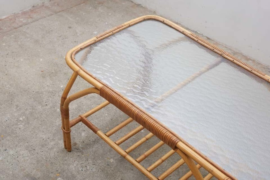 Large Bamboo And Frosted Glass Rectangular Coffee Table By Viggo Boesen, 1950s photo for sale