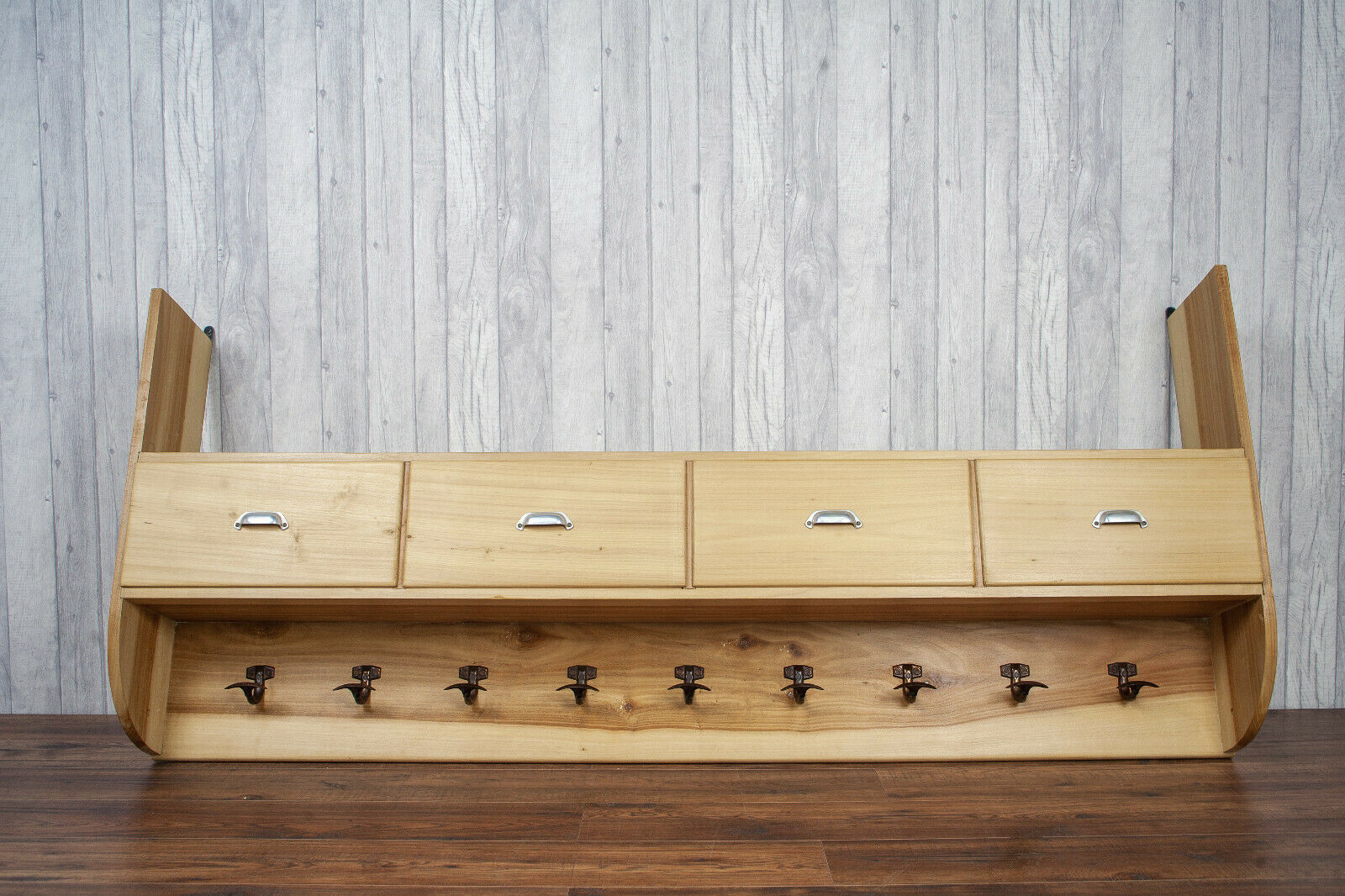 Teak wall mounted coat rack with hooks, mirror & drawer Teak wall mounted coat rack with hooks, mirror & drawer