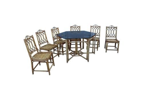 Set Dining Room Bamboo Italian Midcentury Design Octagonal Table Glass Top, 1950