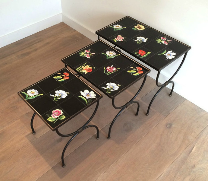 Unusual Ceramic And Iron Nesting Tables. French. Circa 1950 photo furniture