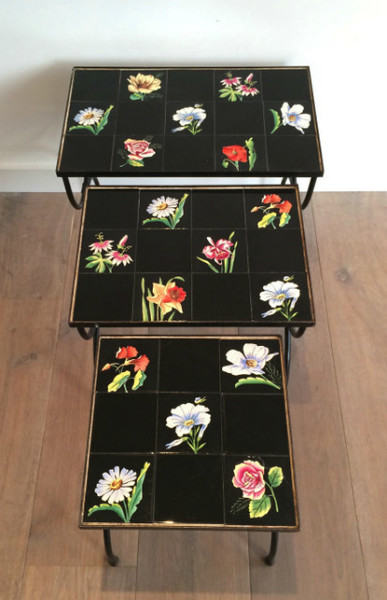 Unusual Ceramic And Iron Nesting Tables. French. Circa 1950 photo for sale