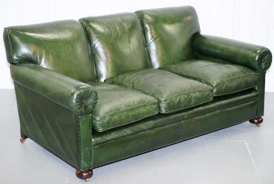 Stunning Victorian Green Leather Maple Co The Hever Three Seater Club Sofa