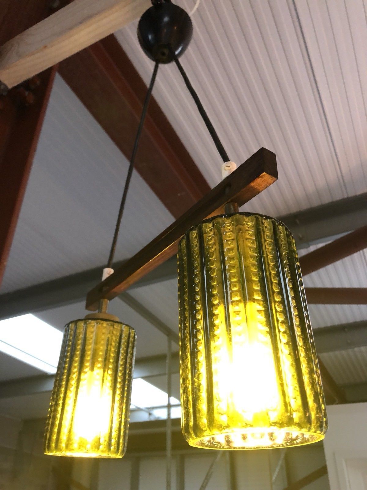 Mid Century Danish Vintage Teak Glass Pendant Ceiling Light 1960’s Vinterior