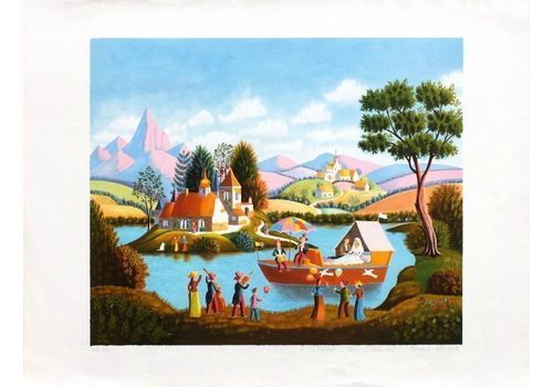 Villeneuve Bernard   Naive Art Lithograph   The Bride And Groom On The Boat