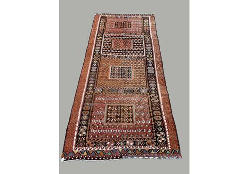 Vintage Turkish Kilim Rug 467x210 Cm Tribal Kelim Red, Green, Black, Gold Large
