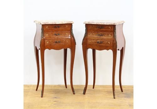 A Pair Of French 1930's Inlaid Bedside Tables With Marble Tops